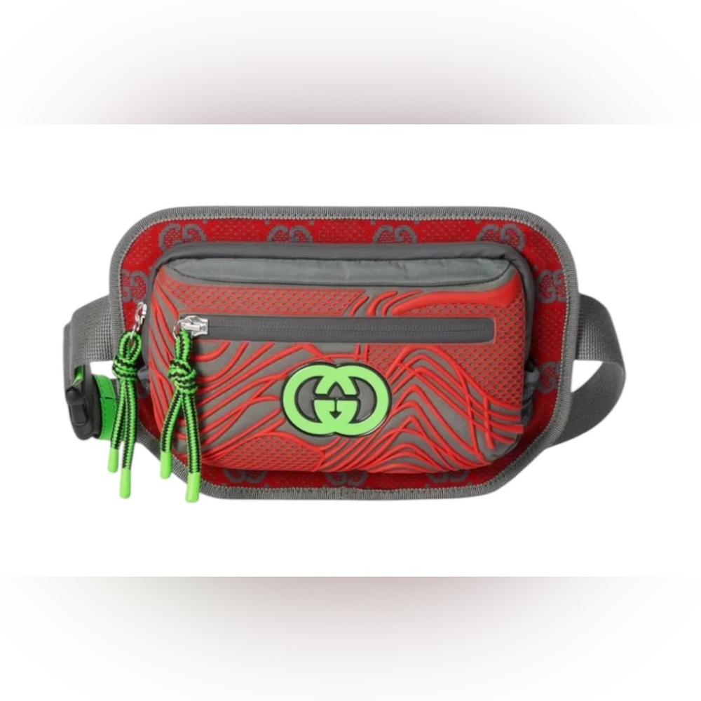 Gucci GG Logo Belt Bag / Waist Pack – Red & Grey with Neon Green Detail